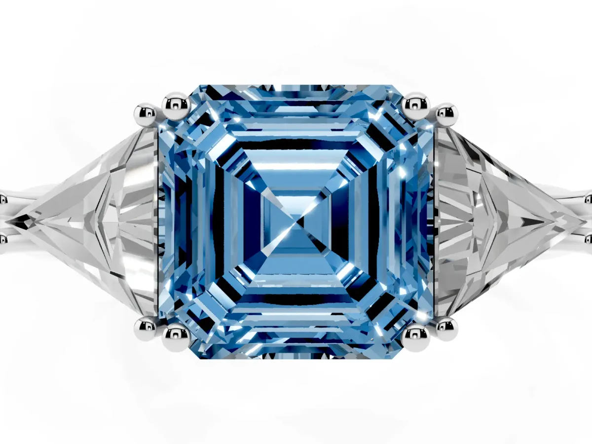 Fancy Blue Three-Stone Asscher Cut Diamond Engagement Ring with Trillion Side Stones and Prong Setting Silver