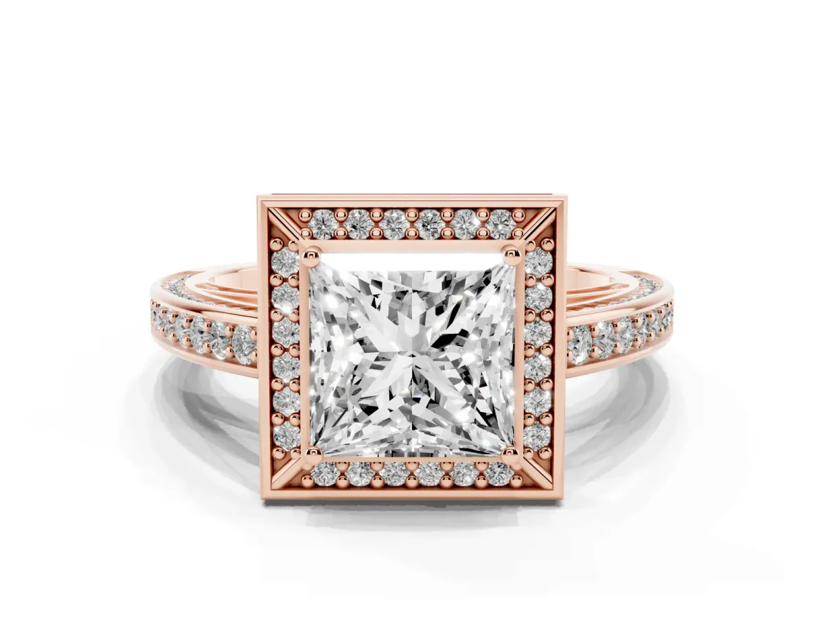 Princess Cut Cut Halo Pave Split Shank Prong Setting Ring Rose gold