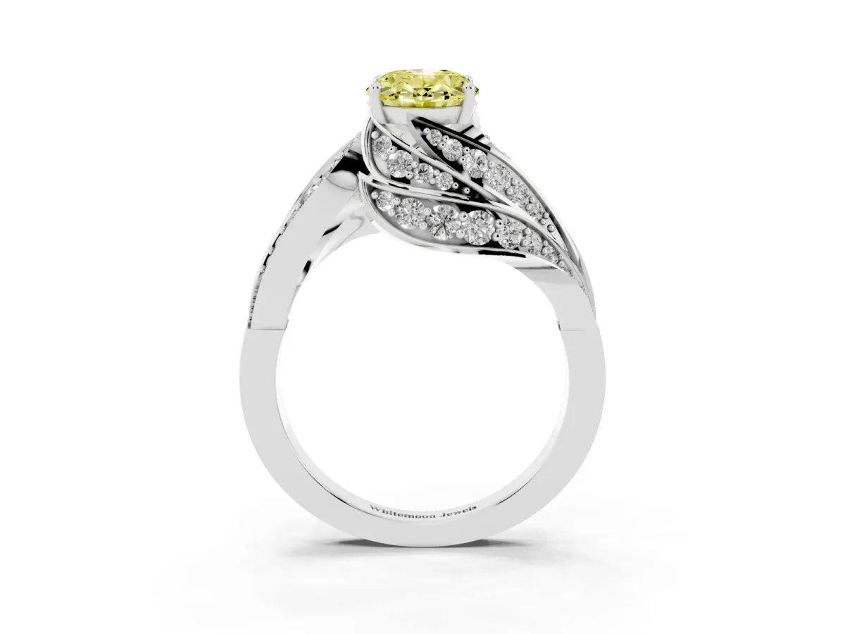Fancy Yellow Oval Cut Diamond Solitaire Ring with Prong Setting and Twisted Pavé Band Silver