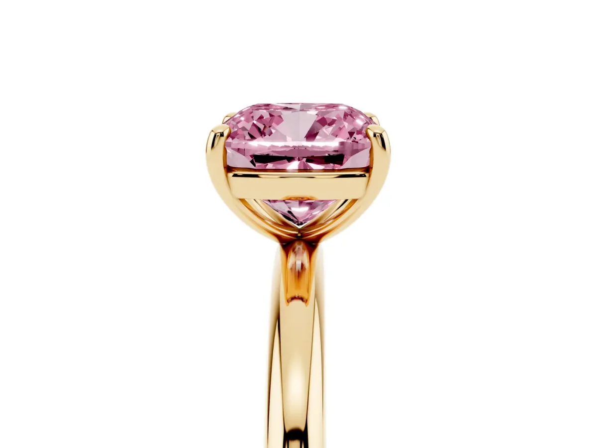 Fancy Pink Cushion Cut Solitaire Diamond Ring with Four-Prong Setting on a Plain Band Yellow gold