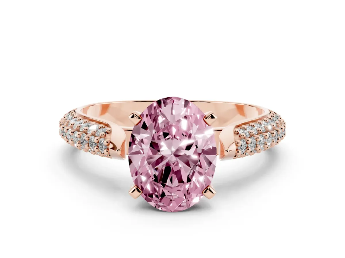 Fancy Pink Oval Cut Diamond Solitaire Engagement Ring with Multi-Row Round Pavé Band and Prong Setting Rose gold