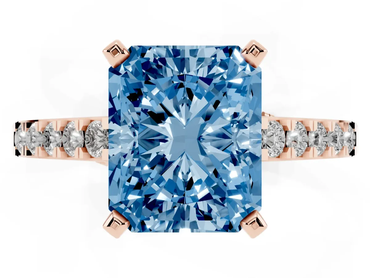 Fancy Blue Radiant Cut Diamond Solitaire Ring with Crossover Gallery and Round Pavé Band Rose gold