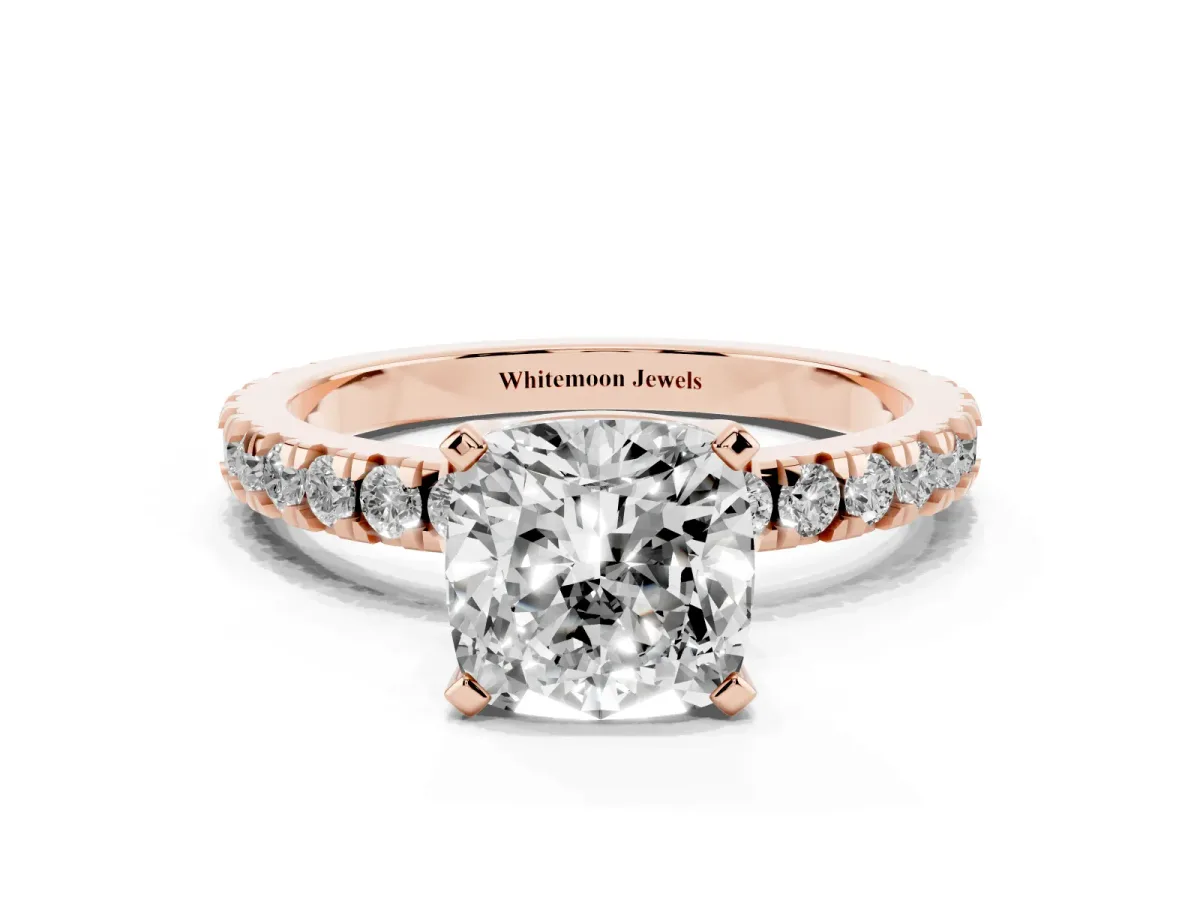 Cushion Cut Diamond Pavé Band Solitaire with Four-Prong Setting Rose gold