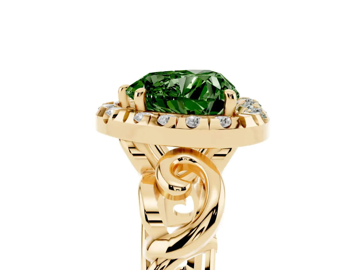 Fancy Green Heart Cut Cut Halo Diamond Ring with Scrollwork Band and Four-Prong Setting Yellow gold
