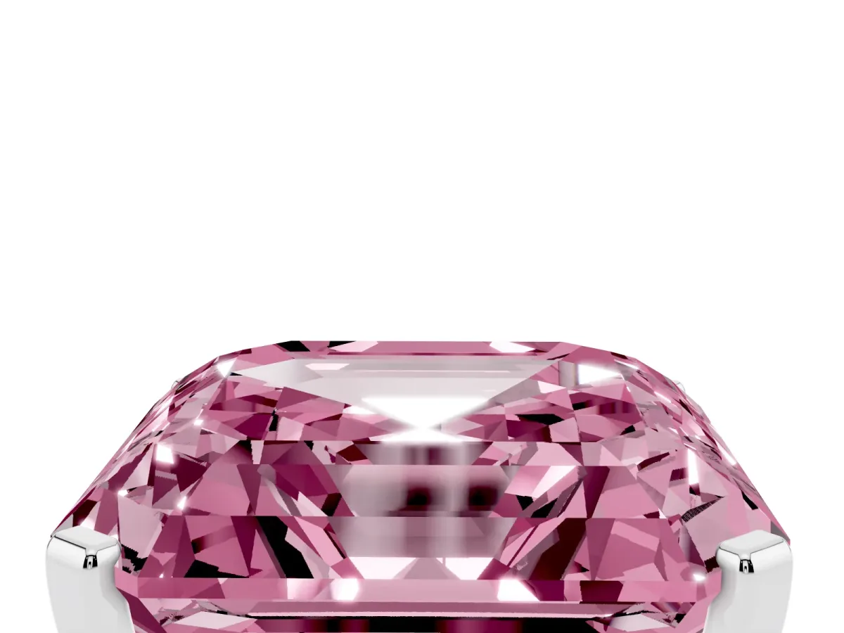 Fancy Pink Asscher Cut Cut Three-Stone Solitaire Ring with Round Accent Diamonds and Four-Prong Setting Silver