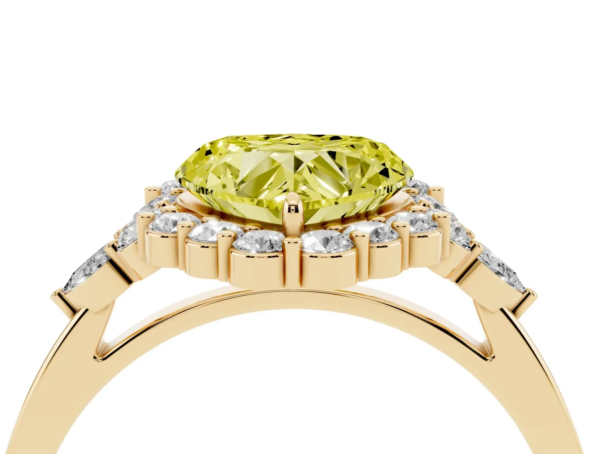 Fancy Yellow Heart Cut Diamond Halo Ring with Pear Side Stones and Prong Setting Yellow gold