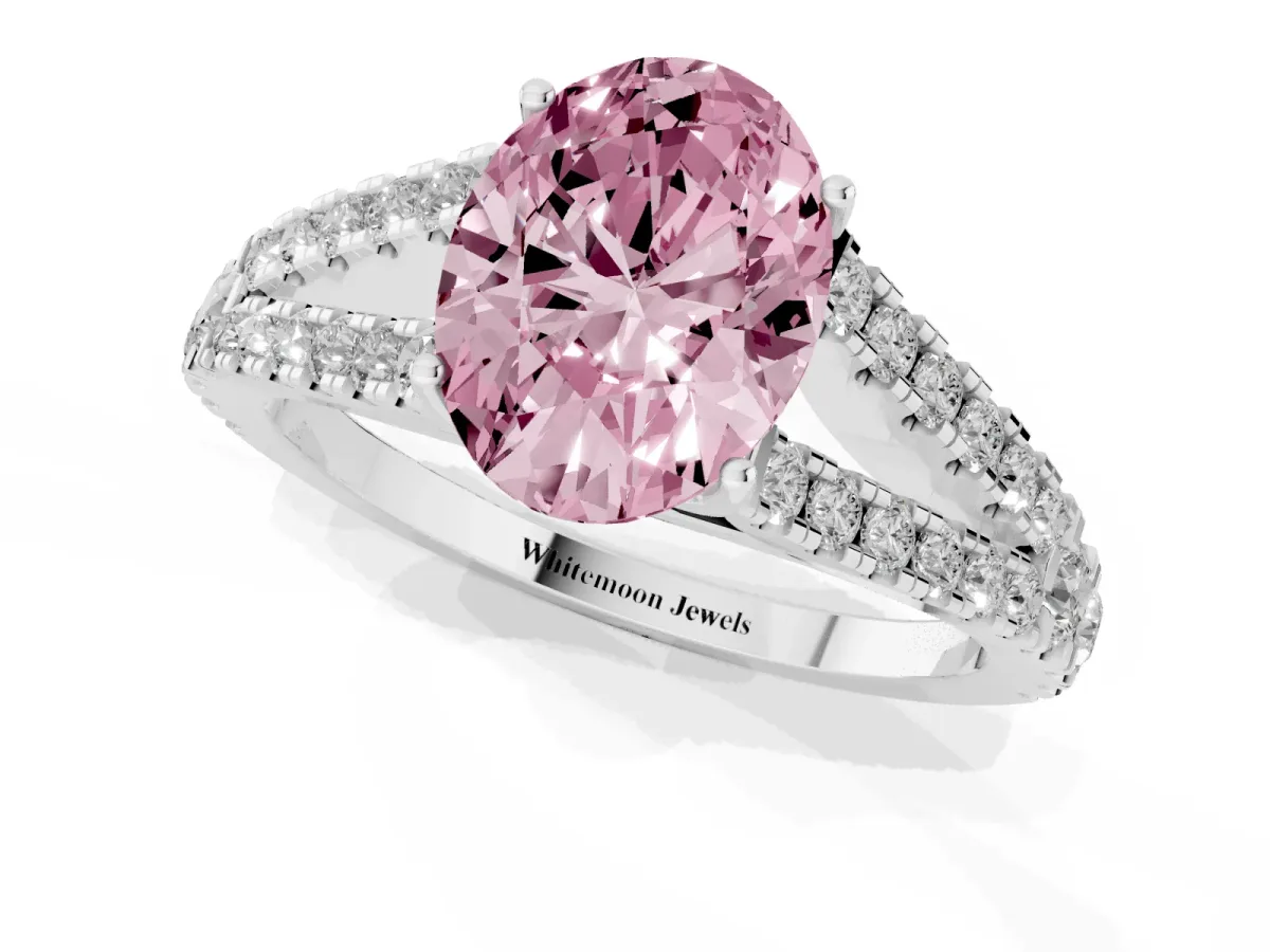 Fancy Pink Oval Cut Diamond Split Shank Pavé Engagement Ring with Four-Prong Setting White gold