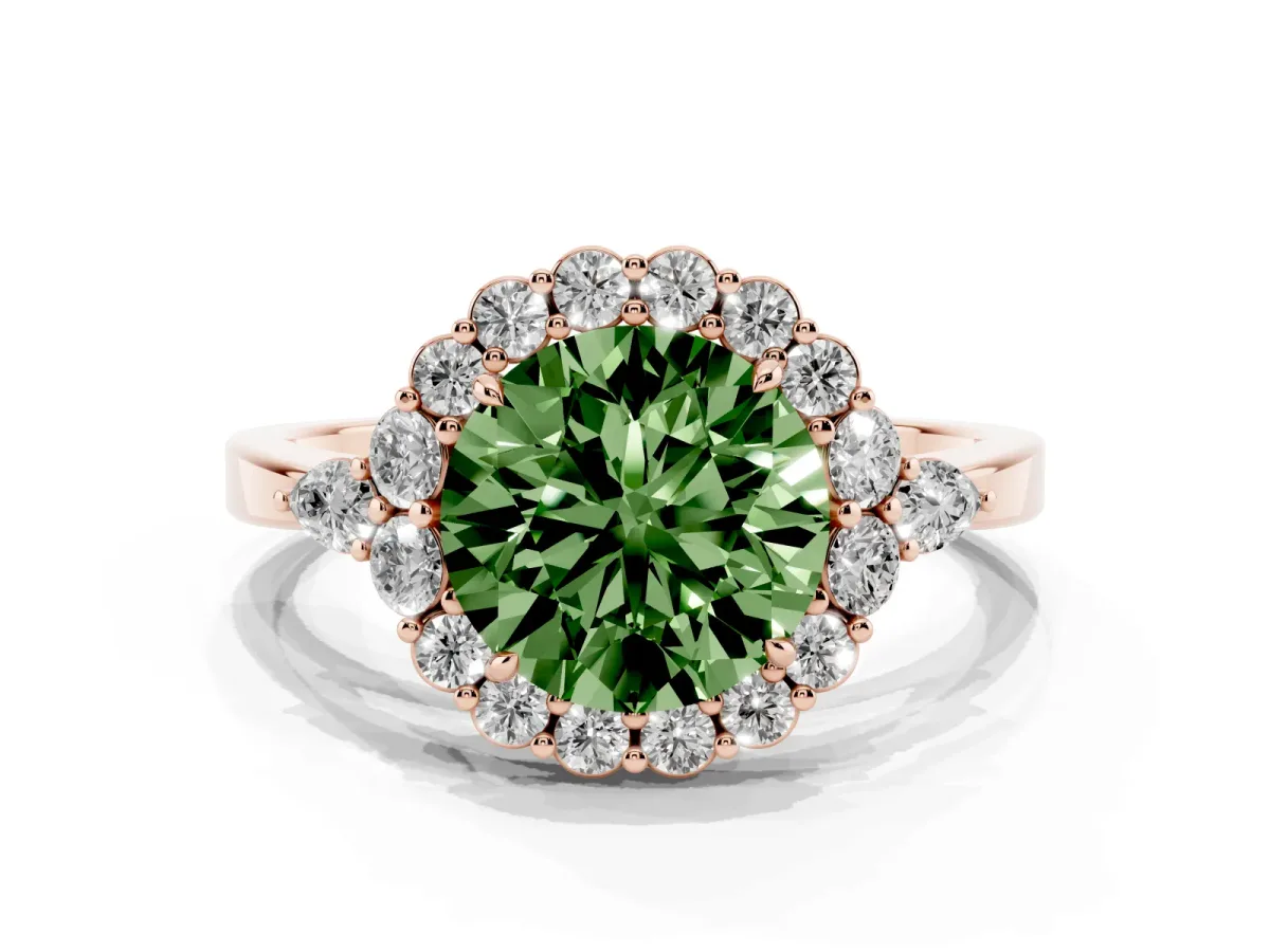 Fancy Green Round Cut Diamond Halo Ring with Pear Side Stones and Prong Setting Rose gold