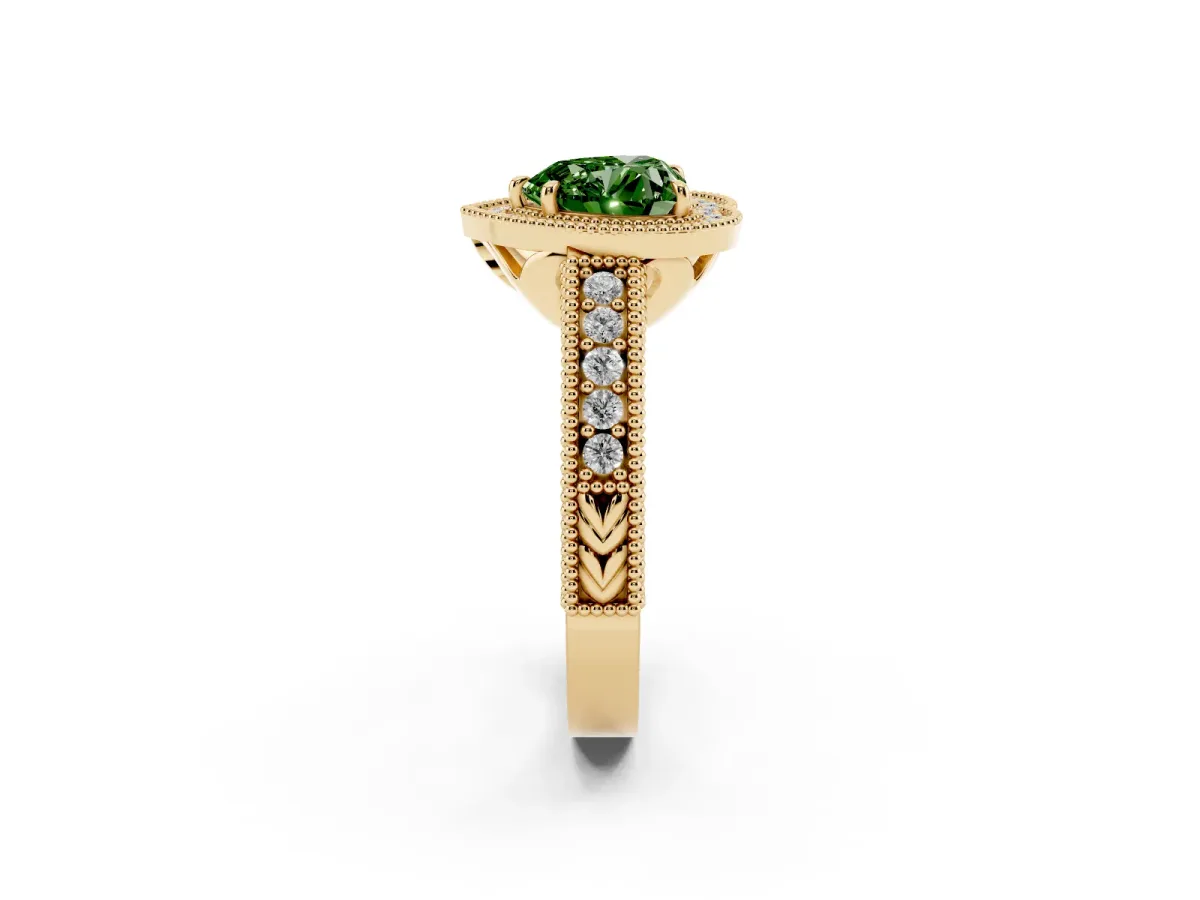 Fancy Green Heart Cut Cut Halo Diamond Ring with Pavé Band and Four-Prong Setting Yellow gold
