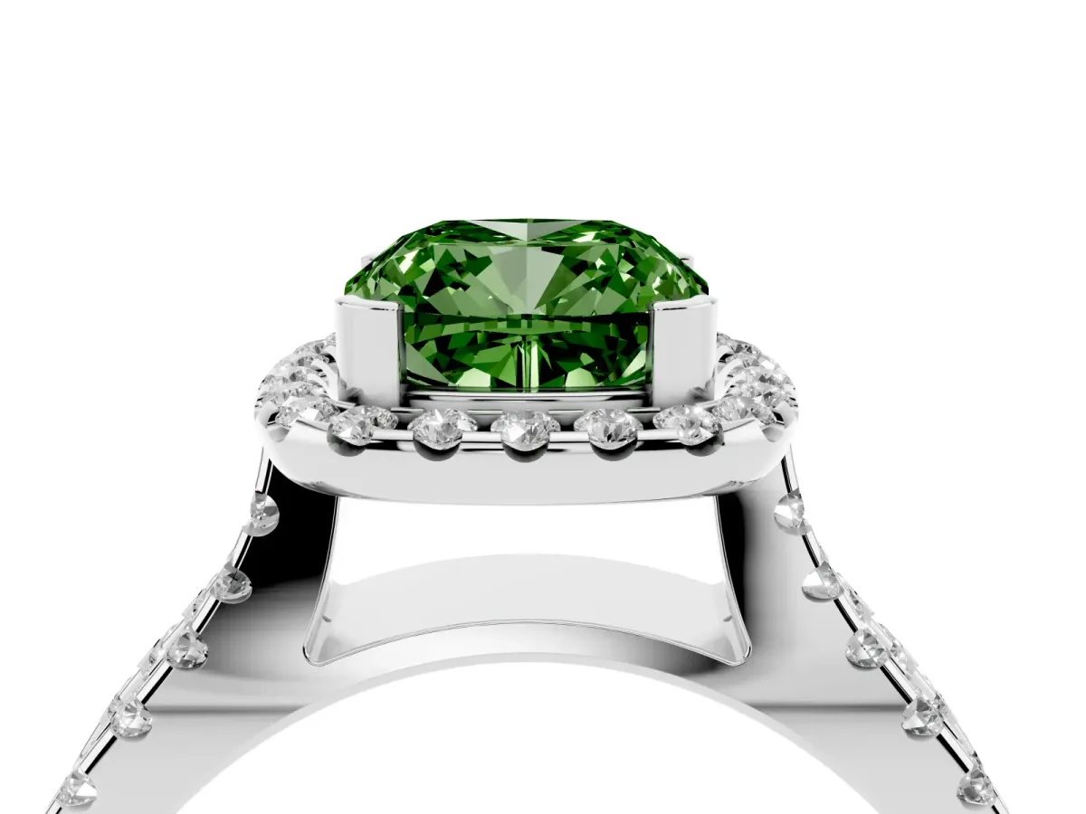 Fancy Green Cushion Cut Diamond Halo Ring with Split Shank Pavé Band and Prong Setting Platinum