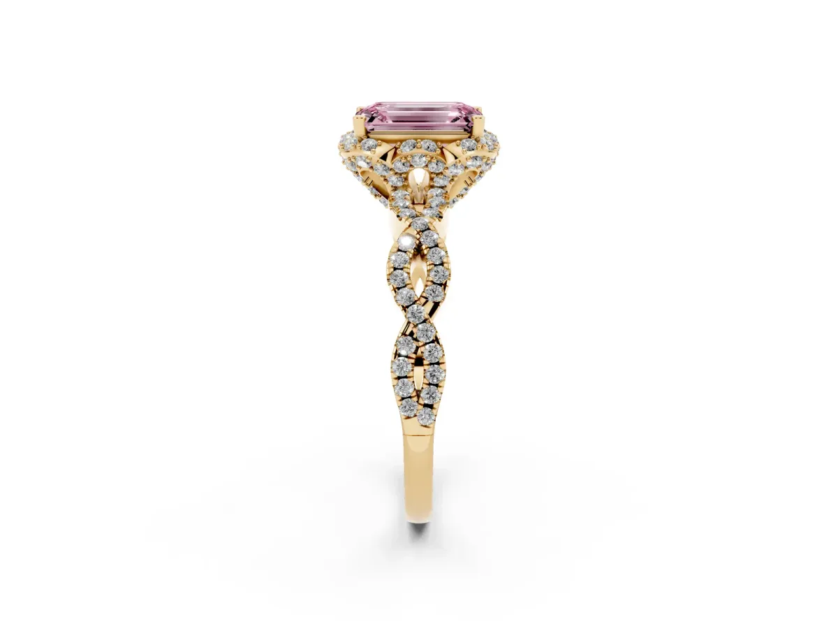 Fancy Pink Emerald Cut Halo Twist Band Solitaire Ring with Six-Prong Setting Yellow gold
