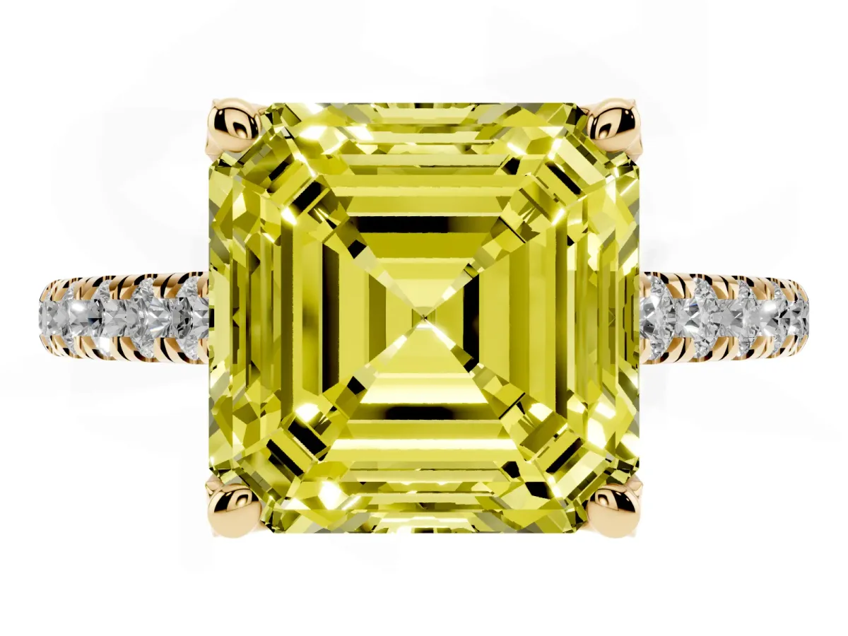 Fancy Yellow Asscher Cut Brilliant Diamond Solitaire with Pavé Band and Four-Prong Setting Yellow gold