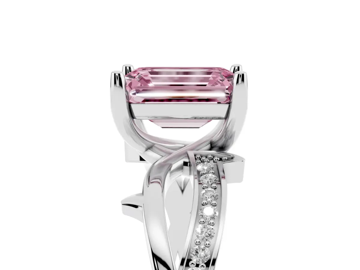 Fancy Pink Emerald Cut Solitaire Twist Band with Pavé Accents and Four-Prong Setting Silver