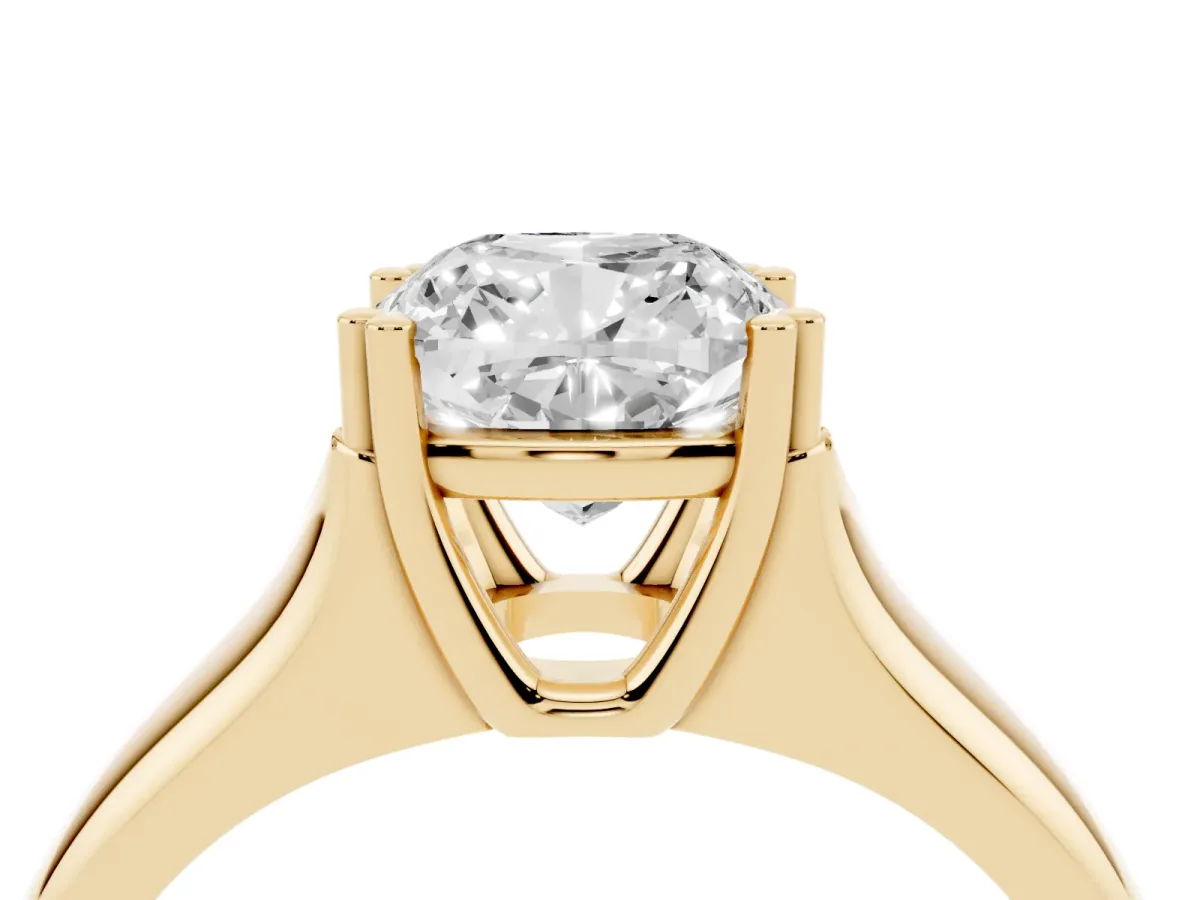 Cushion Cut Diamond Solitaire Ring with Wide Band and Prong Setting Yellow gold