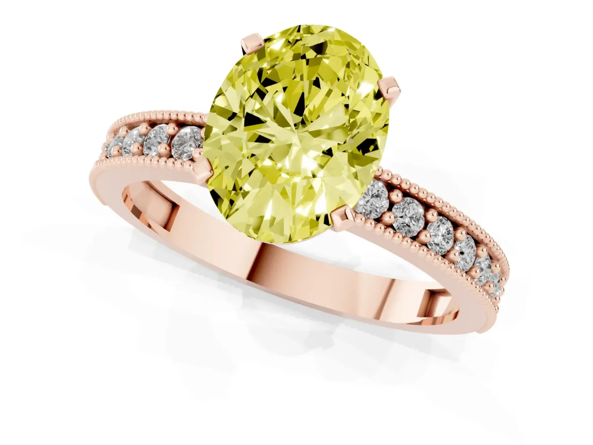 Fancy Yellow Oval Cut Diamond Milgrain Pavé Engagement Ring with Four-Prong Setting Rose gold