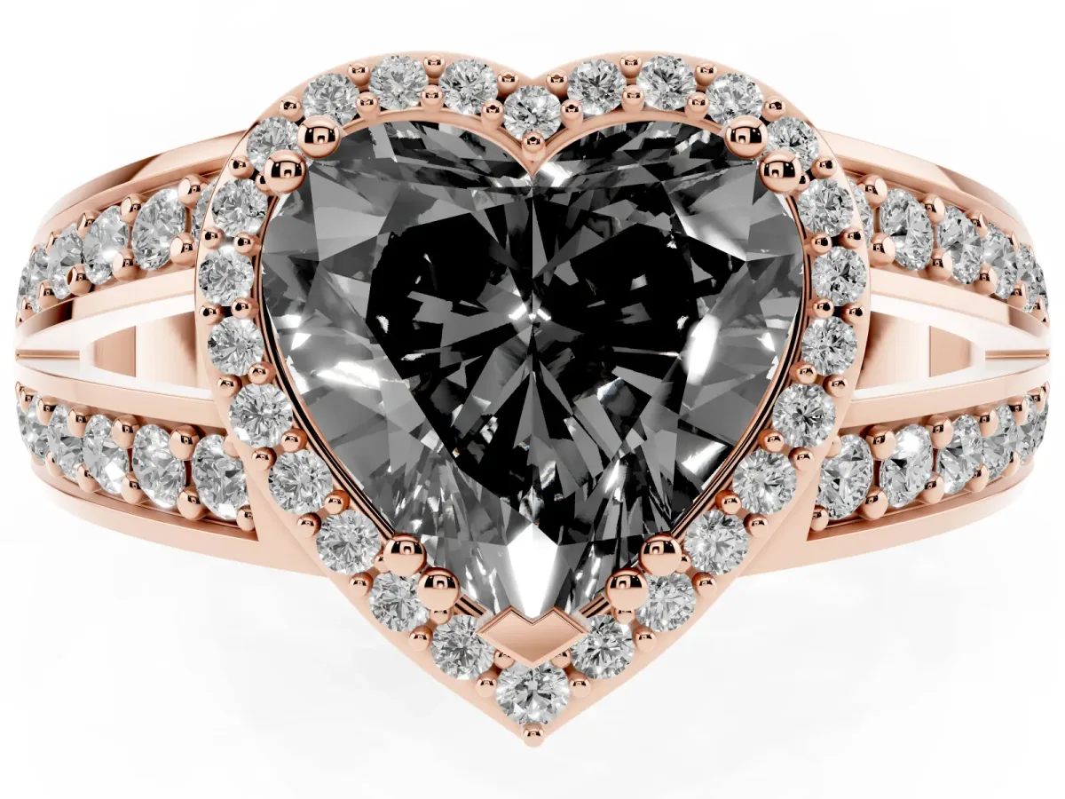 Fancy Black Heart Cut Diamond Halo Ring with Split Shank Pavé Band and Four-Prong Setting Rose gold