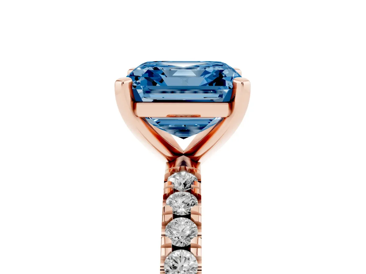 Fancy Blue Asscher Cut Diamond Pavé Band Solitaire with Four-Prong Setting Rose gold