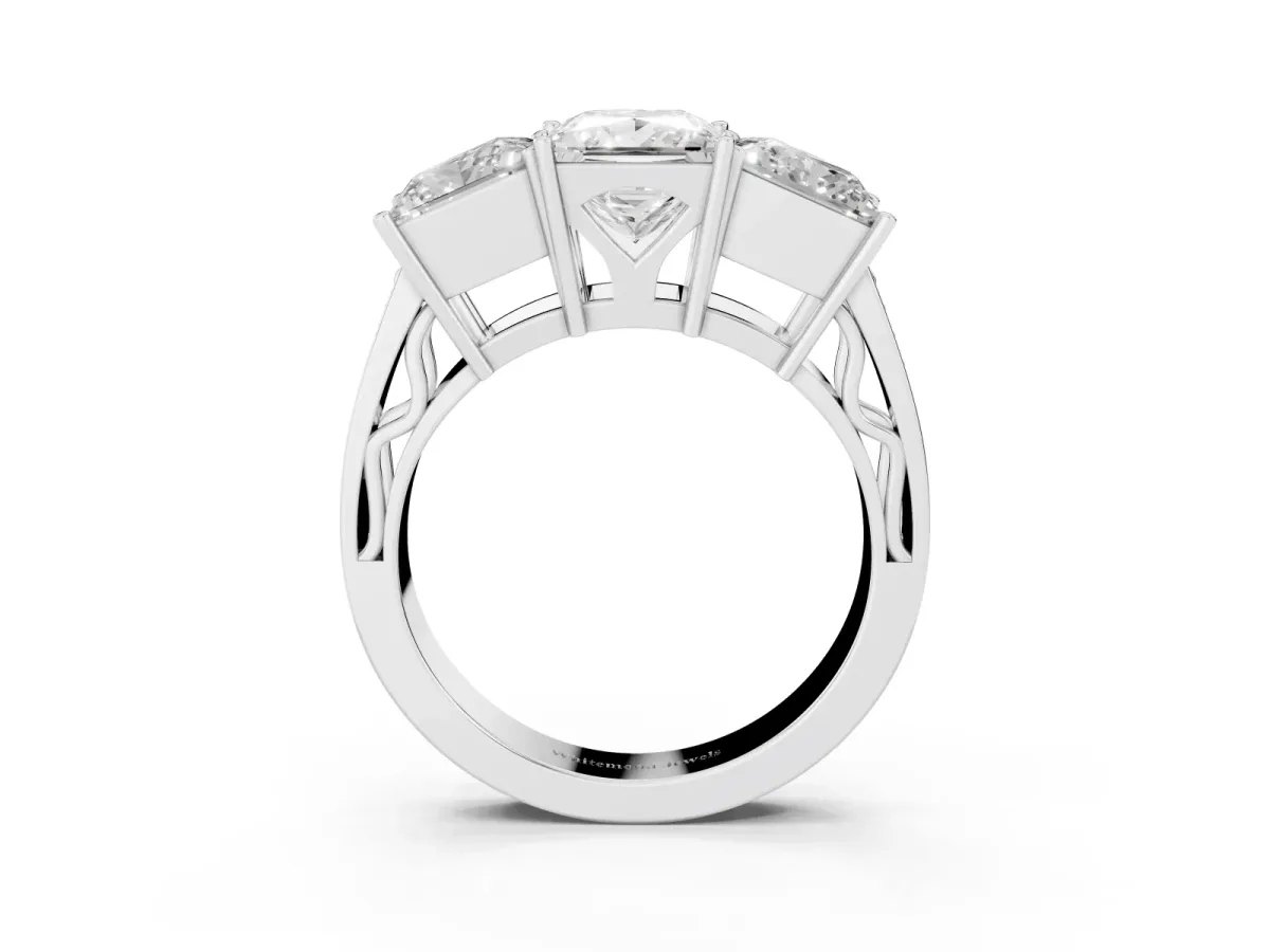Princess Cut Diamond Three-Stone Ring with Prong Setting and Textured Band Silver