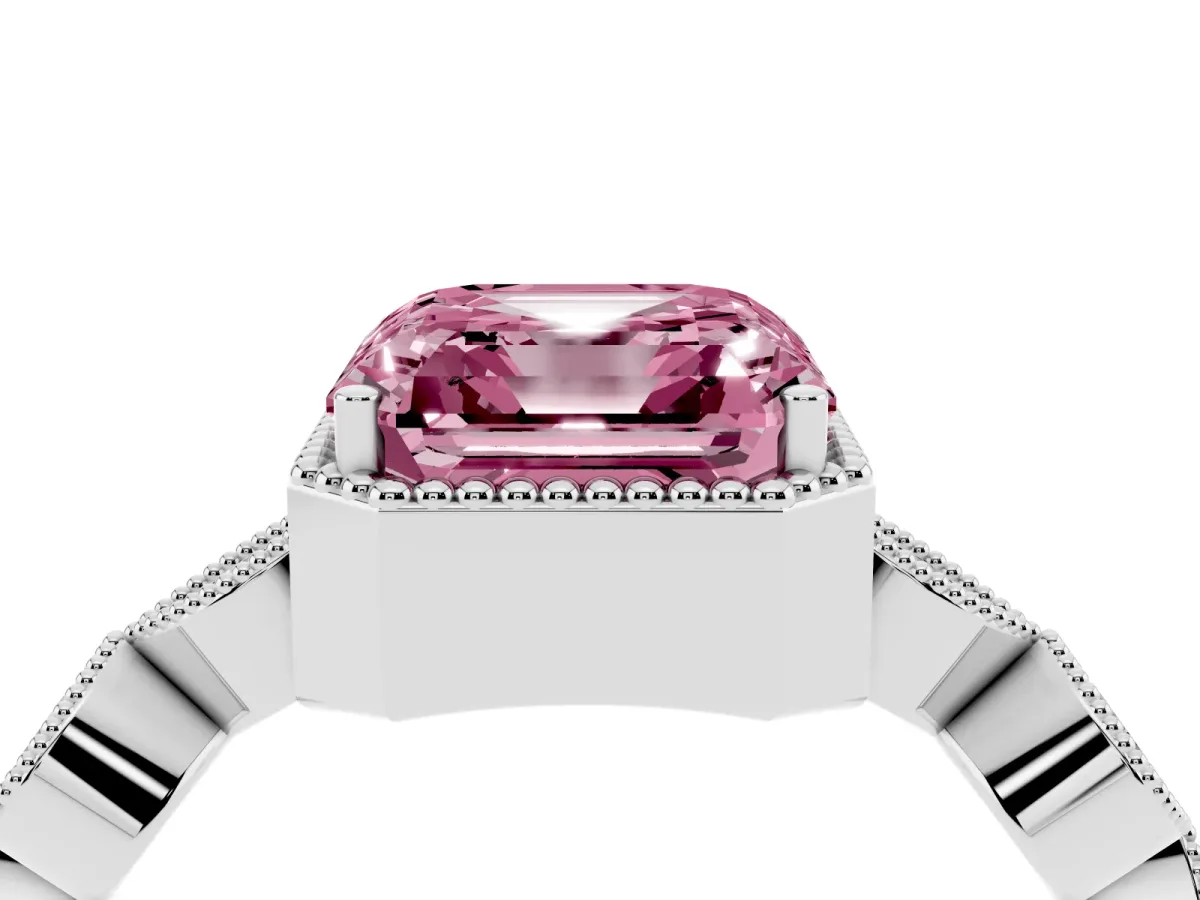 Fancy Pink Asscher Cut Diamond Vintage Milgrain Ring with Round Stations Platinum