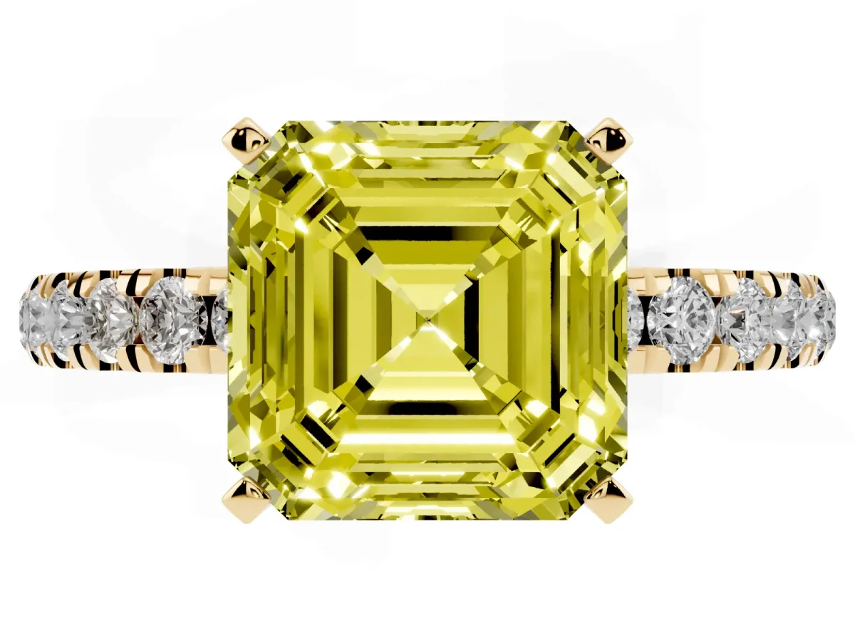 Fancy Yellow Asscher Cut Diamond Solitaire Ring with Pavé Accents and Four-Prong Setting Yellow gold