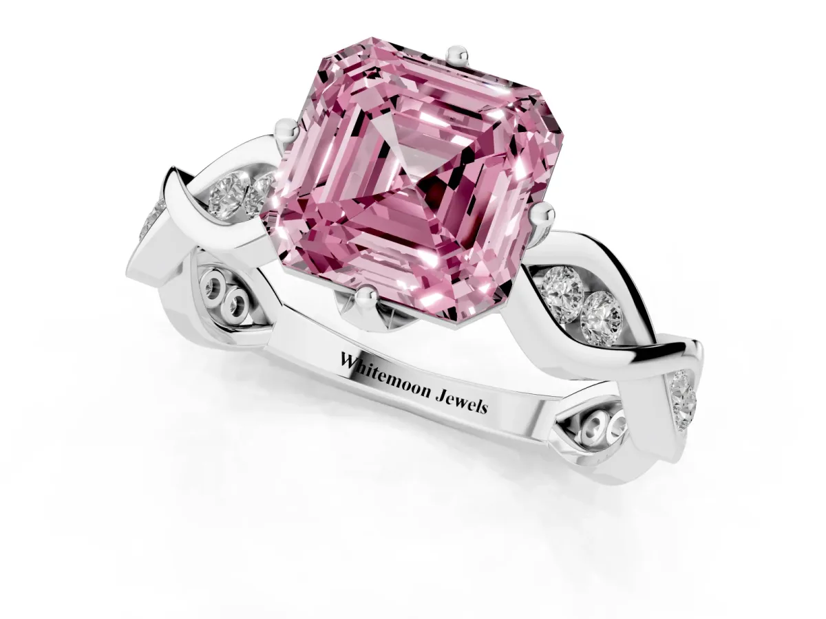 Fancy Pink Asscher Cut Solitaire Twist Band with Leaf Prong Setting Silver