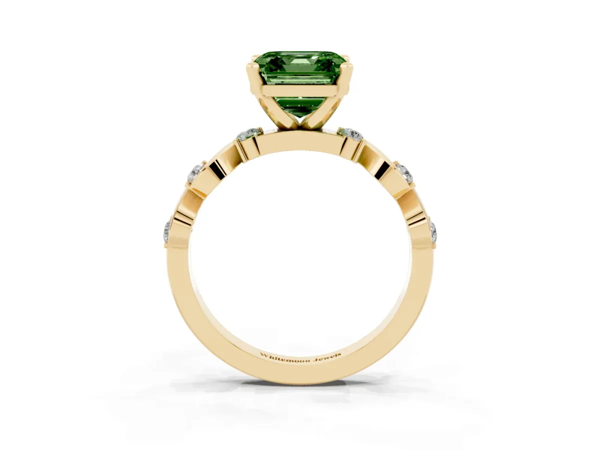 Fancy Green Asscher Cut Diamond Solitaire Twisted Band with Round Accents and Prong Setting Yellow gold
