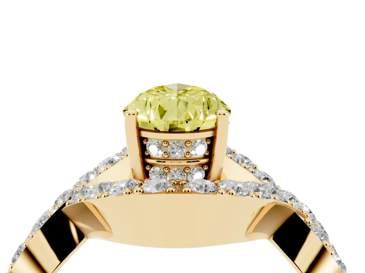 Fancy Yellow Pear Cut Solitaire Twist Band Pavé Diamond Engagement Ring Yellow gold