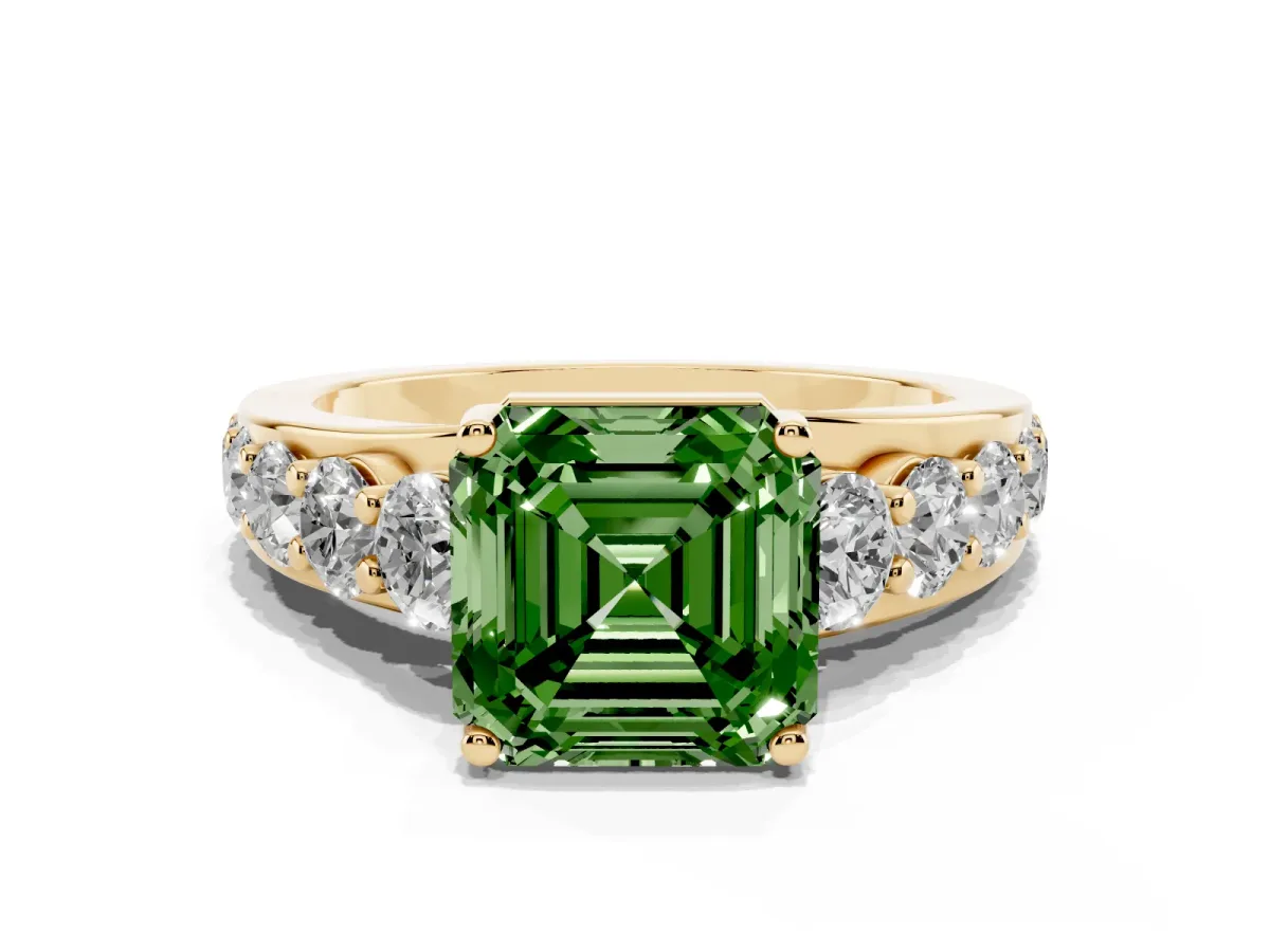 Fancy Green Asscher Cut Diamond Engagement Ring with Pavé Band and Four-Prong Setting Yellow gold