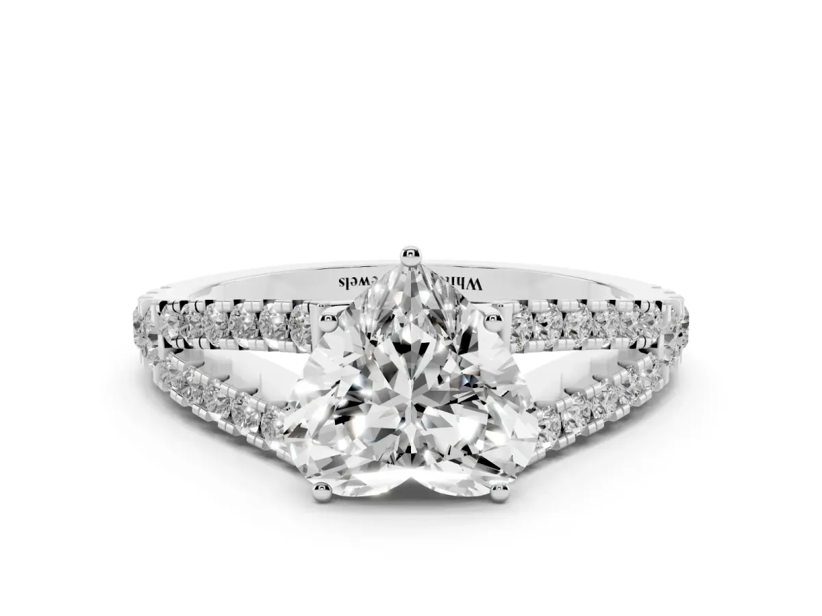 Heart Cut Diamond Split Shank Pavé Engagement Ring with Four-Prong Setting White gold
