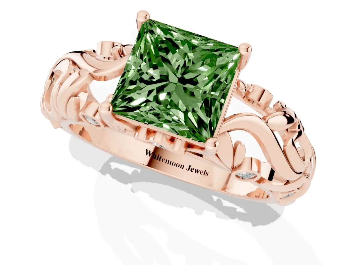 Fancy Green Princess Cut Solitaire Diamond Leaf-Inspired Vine Band Ring with Prong Setting Rose gold