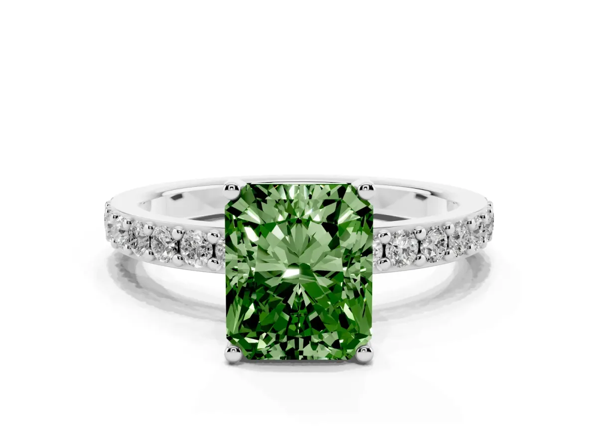 Fancy Green Radiant Cut Cut Diamond Solitaire with Pave Band and Four-Prong Setting Silver
