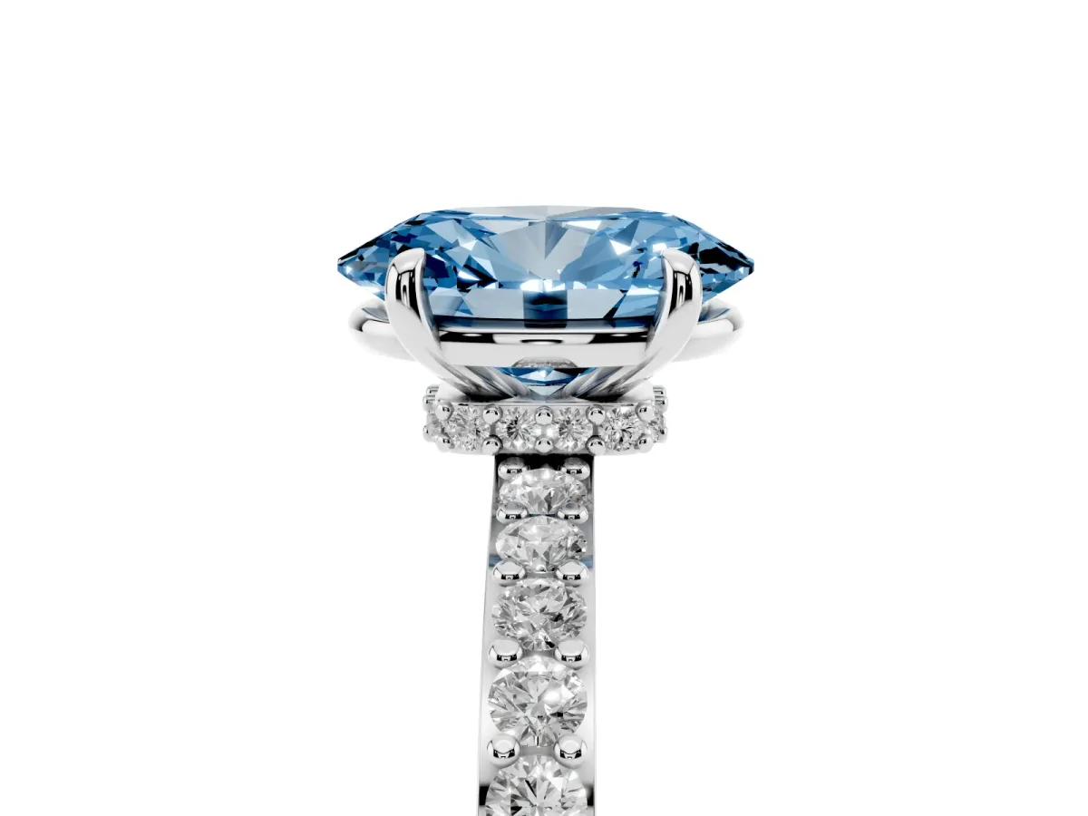 Fancy Blue Oval Cut Diamond Pavé Engagement Ring with Round Accents and Prong Setting Platinum