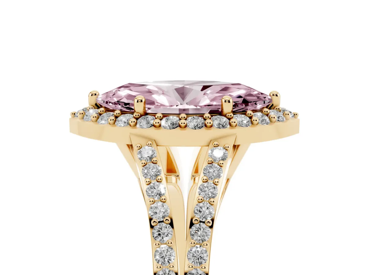 Fancy Pink Marquise Cut Halo Split Shank Diamond Ring with Prong Setting Yellow gold