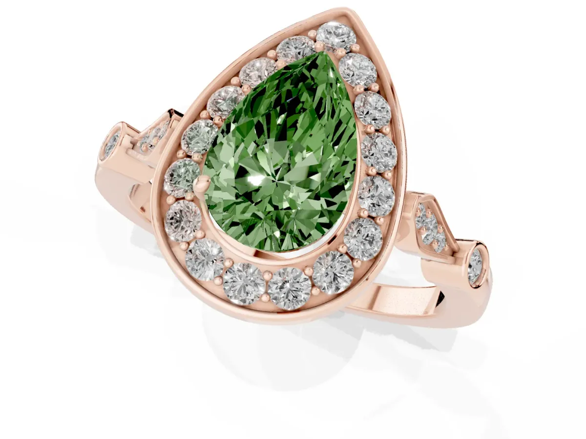 Fancy Green Pear Cut Halo Diamond Engagement Ring with Twisted Band and Four-Prong Setting Rose gold