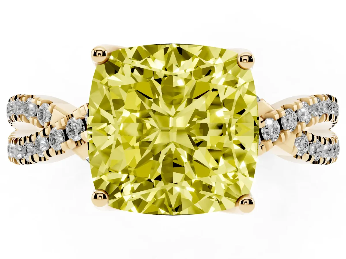 Fancy Yellow Cushion Cut Solitaire Twist Pave Diamond Engagement Ring with Prong Setting Yellow gold
