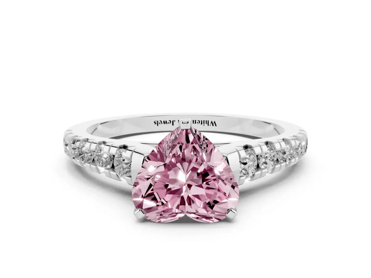 Fancy Pink Heart Cut Diamond Cathedral Solitaire Ring with Round Pavé Band Silver