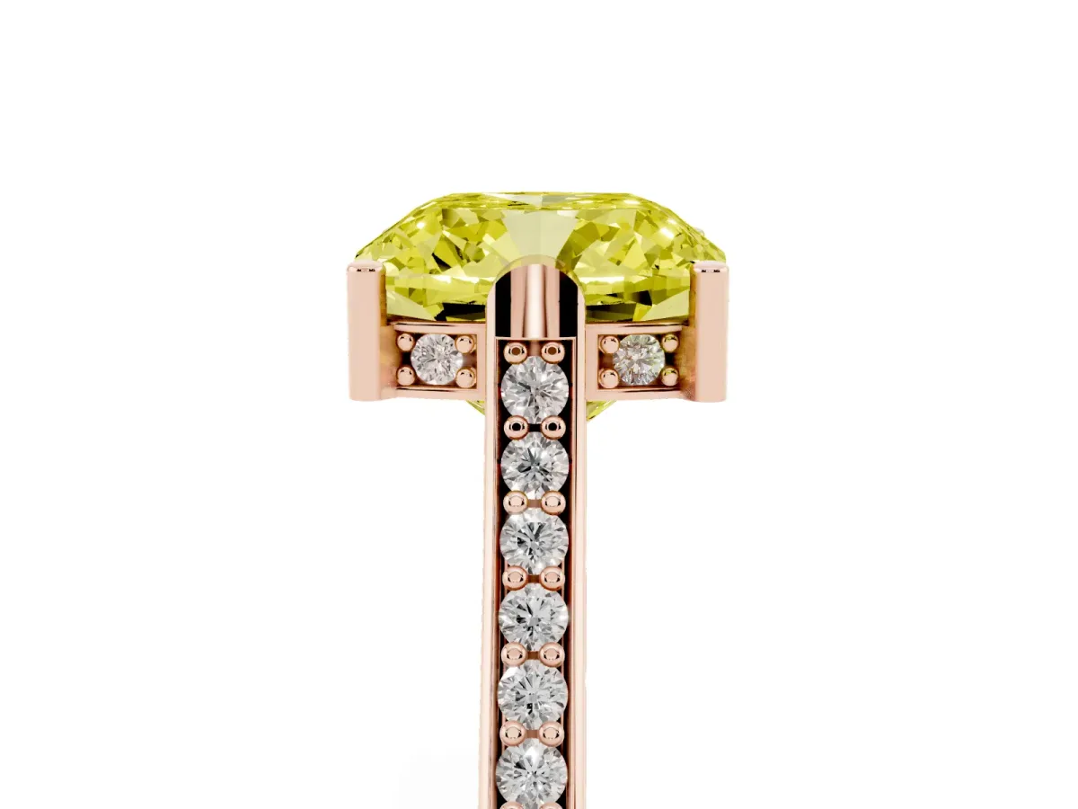 Fancy Yellow Cushion Cut Solitaire Diamond Ring with Channel Set Band and Bezel Prong Setting Rose gold