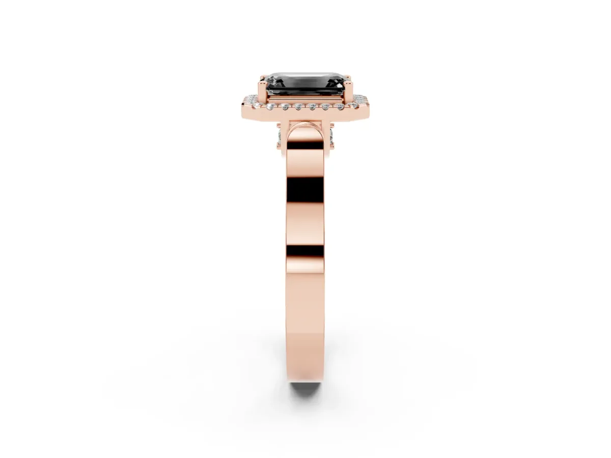 Fancy Black Emerald Cut Halo Round Diamond Twist Band with Four-Prong Setting Rose gold