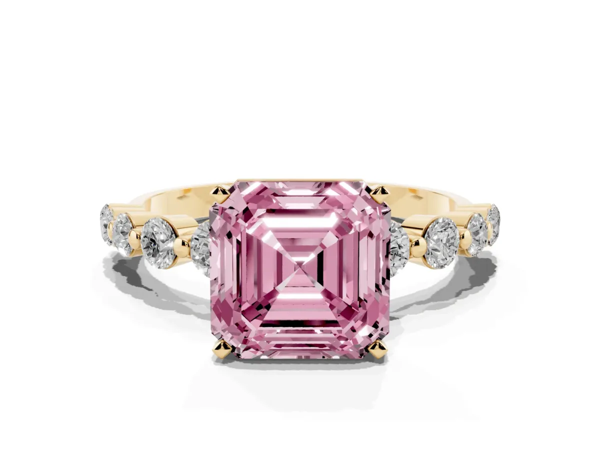 Fancy Pink Asscher Cut Solitaire Diamond Ring with Pave Band and Four-Prong Setting Yellow gold