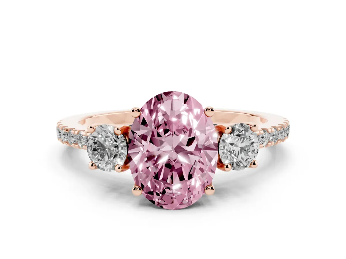 Fancy Pink Three-Stone Oval Cut Cut Diamond Pavé Band with Prong Setting Rose gold