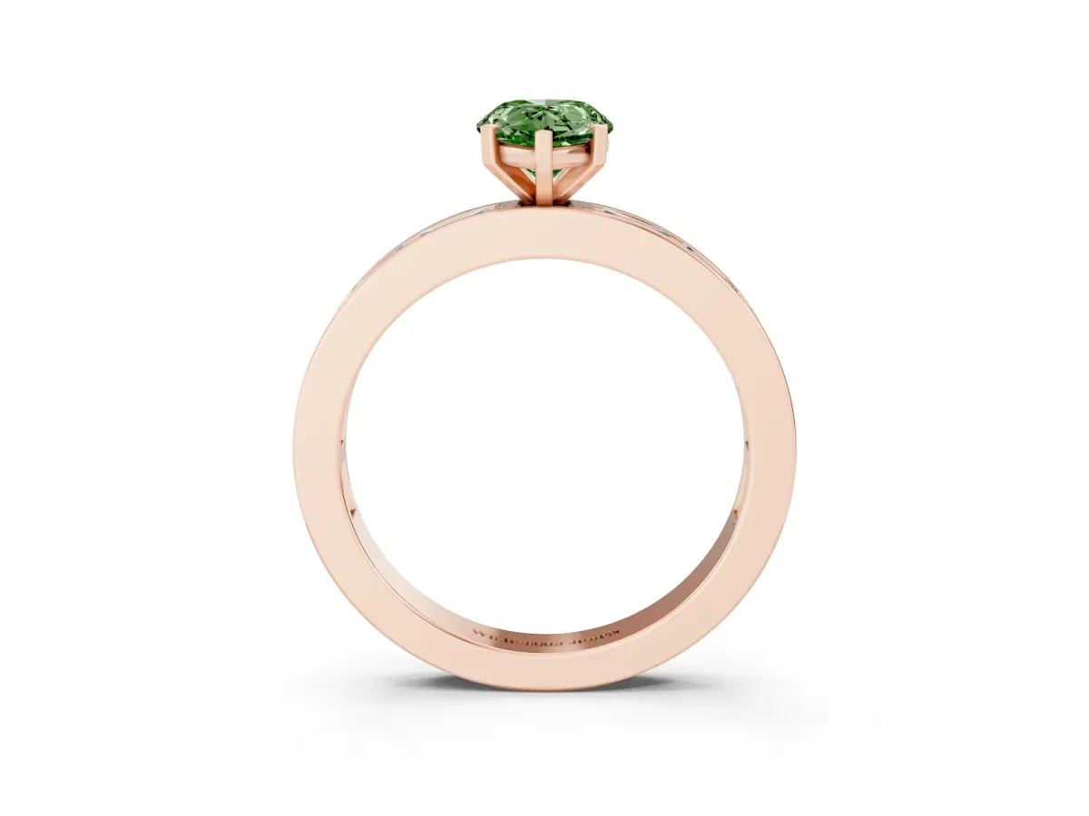 Fancy Green Pear Cut Solitaire Diamond Ring with Channel-Set Baguette Band and Four-Prong Setting Rose gold