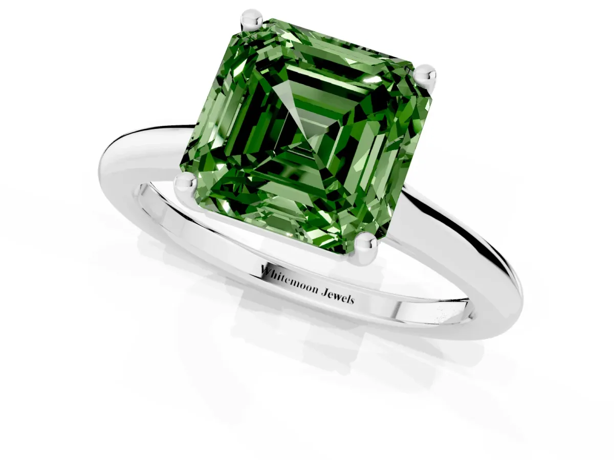 Fancy Green Asscher Cut Cut Solitaire Ring with Cathedral Band and Four-Prong Setting Platinum