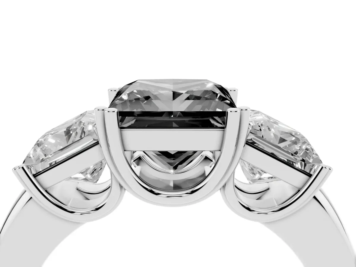 Fancy Black Three-Stone Princess Cut Cut Diamond Ring with Channel Set Band and Four-Prong Setting Platinum
