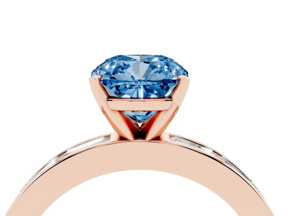 Fancy Blue Cushion Cut Solitaire Diamond Ring with Channel-Set Baguette Band and Four-Prong Setting Rose gold