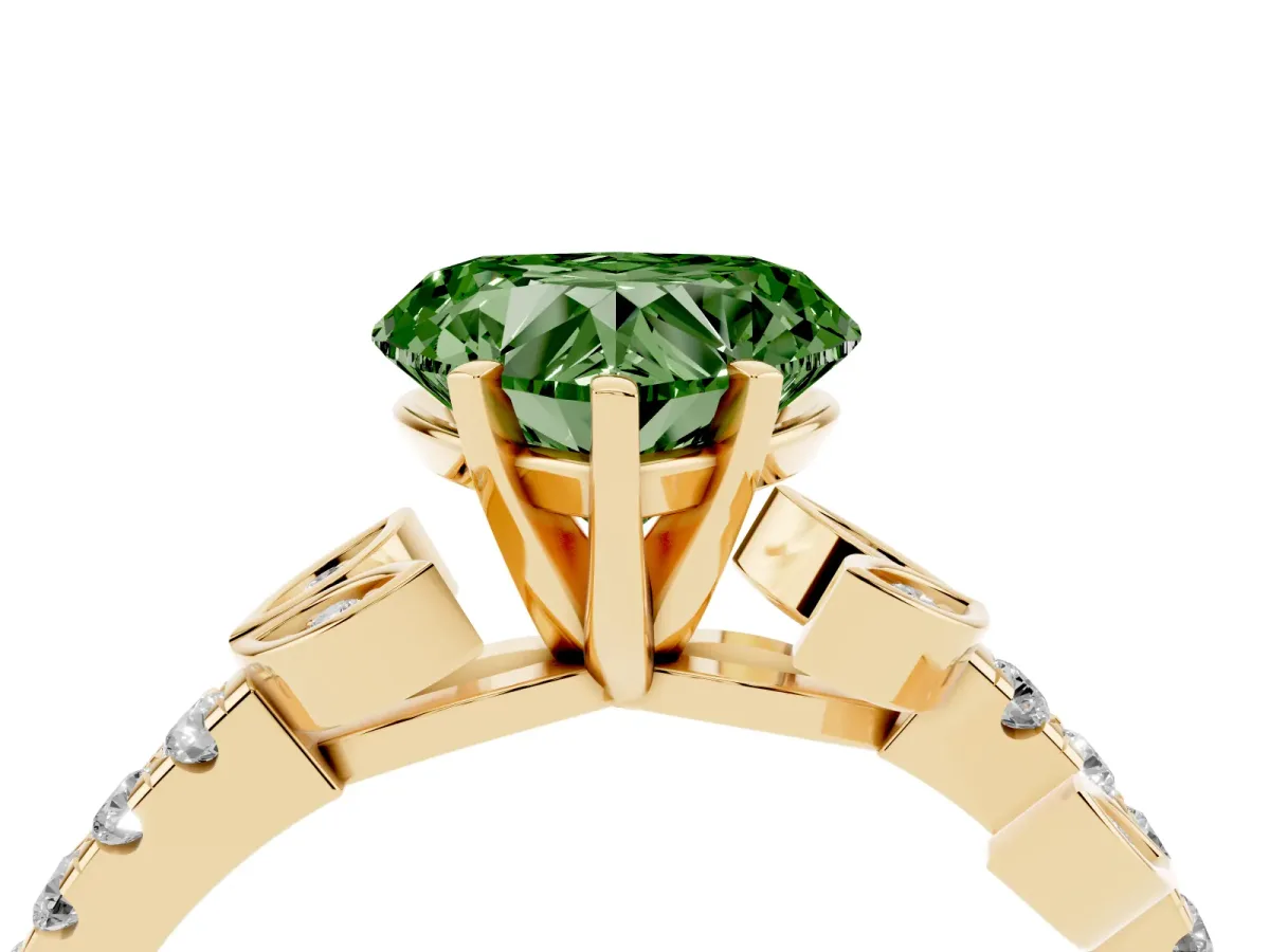 Fancy Green Heart Cut Solitaire Leaf-Inspired Diamond Ring with Pavé Band and Four-Prong Setting Yellow gold