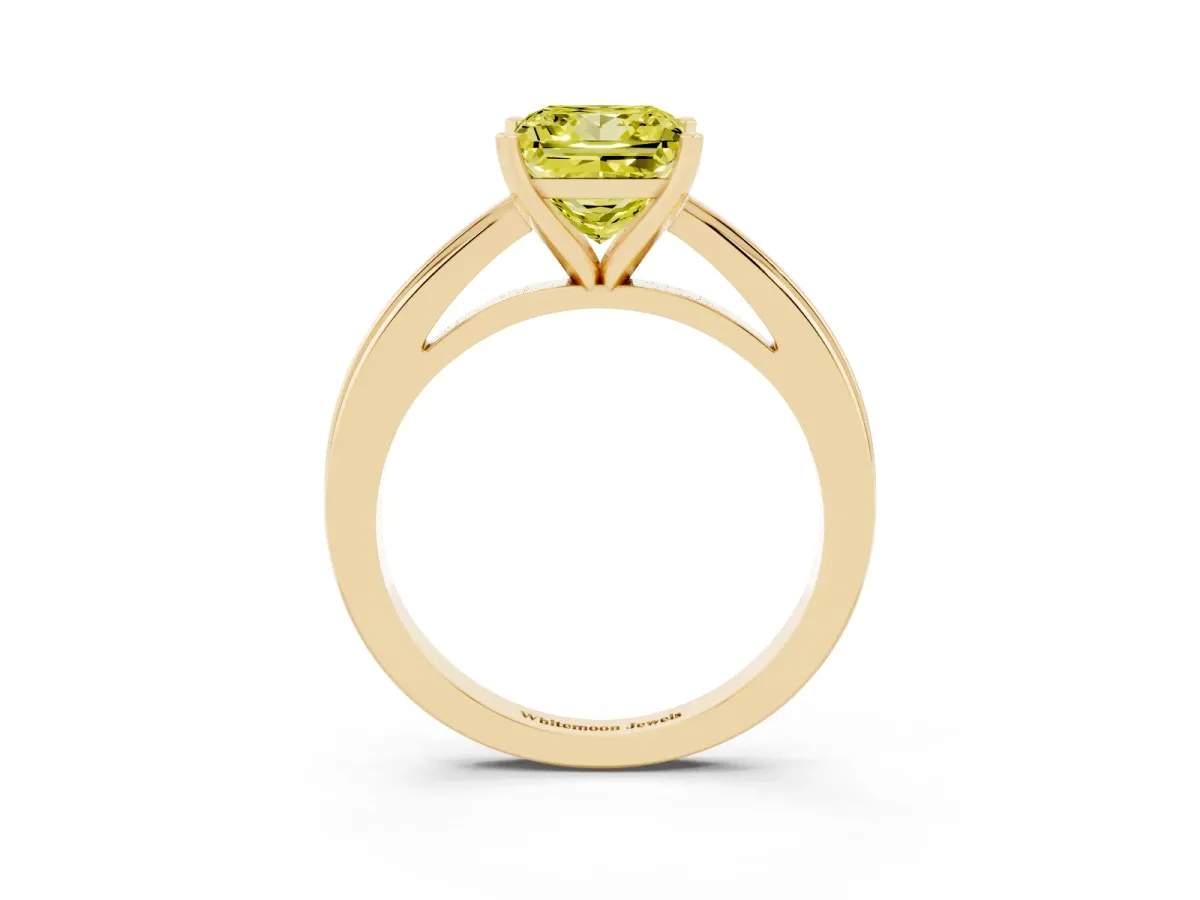 Fancy Yellow Princess Cut Solitaire Diamond Ring with Four-Prong Setting and Classic Band Yellow gold