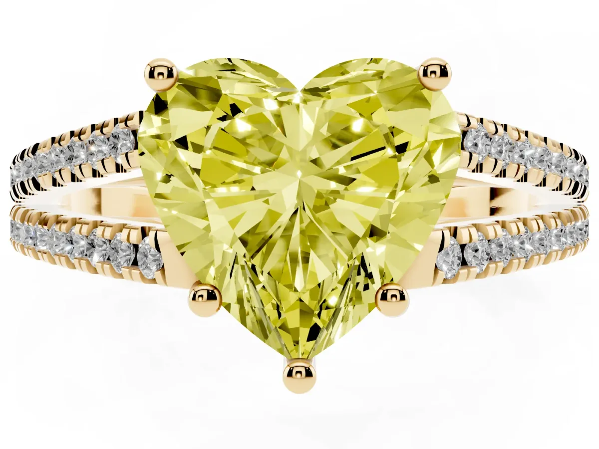 Fancy Yellow Heart Cut Diamond Solitaire Engagement Ring with Split Shank Pavé Band Yellow gold