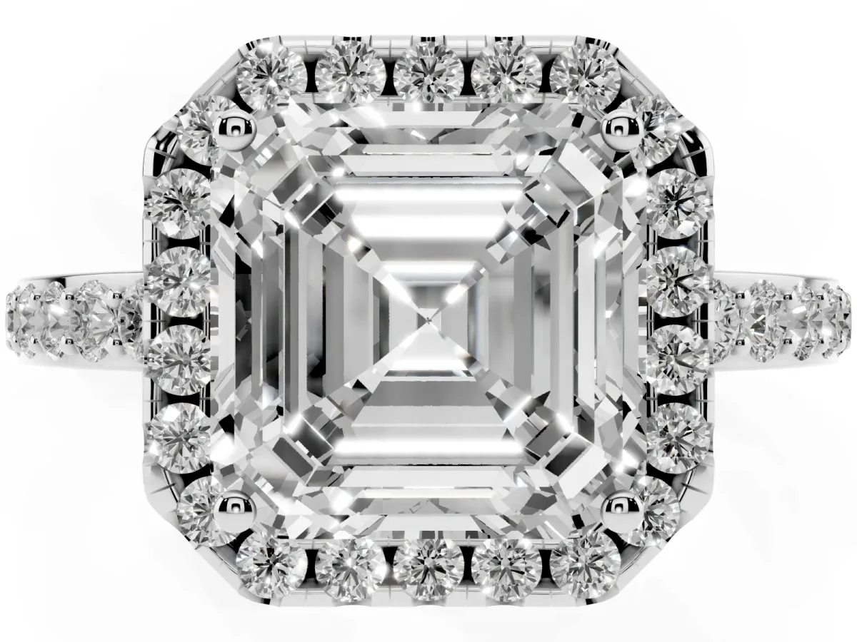 Asscher Cut Halo Diamond Pavé Band Ring with Prong Setting Silver