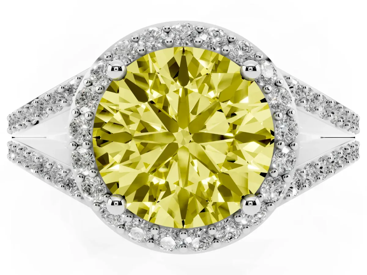 Fancy Yellow Round Cut Halo Split Shank Pave Diamond Ring with Four-Prong Setting Silver