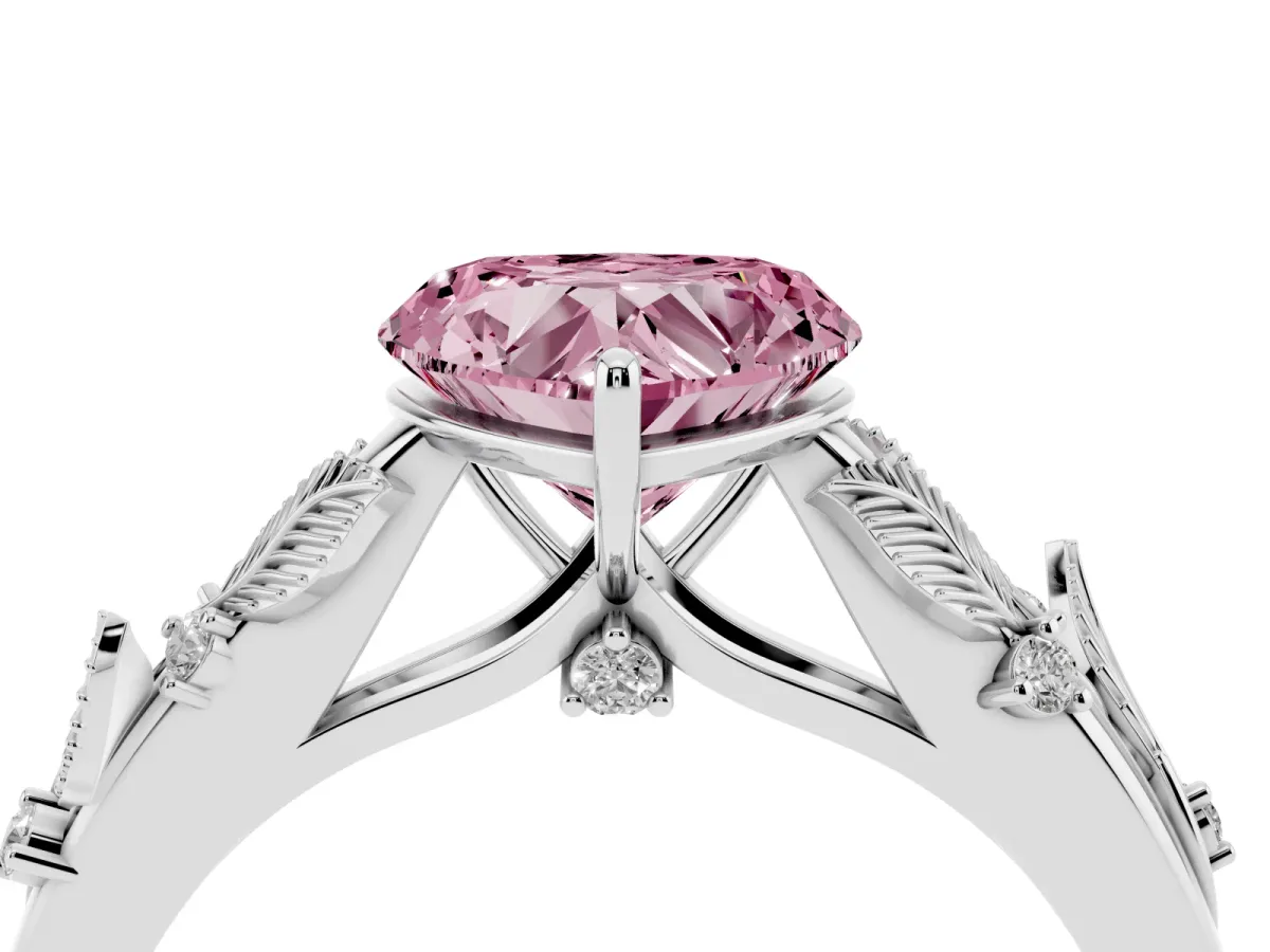 Fancy Pink Heart Cut Diamond Solitaire Ring with Leaf Motif Band and Four-Prong Setting Silver